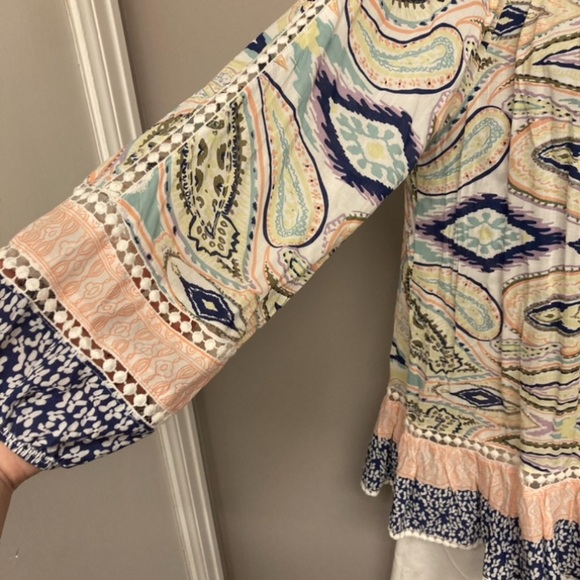 Fever Abstract Mosaic Print Embroidered Eyelet Tunic Boat Neck Pastels Multi M - Picture 4 of 8